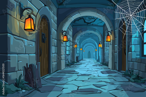 Mystical Medieval Hallway with Lanterns and Cobwebs in a Stone Castle