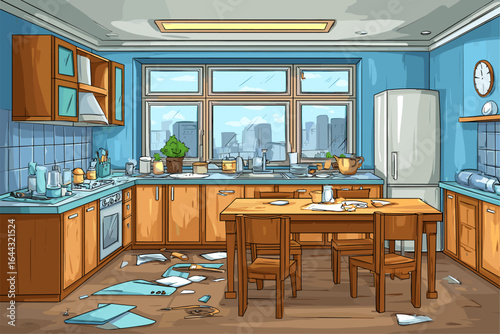 Cluttered Kitchen Interior with Dirty Dishes and Messy Countertops