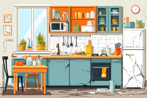 Stylish Yet Messy Kitchen Interior with Colorful Cabinets and Cookware