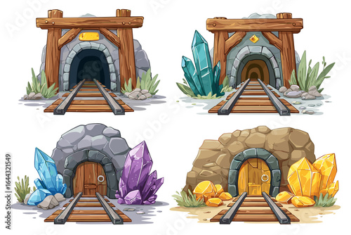 Colorful Cartoon Mine Tunnels with Gemstone Crystals and Railroad Tracks