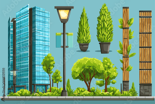 Modern Urban Landscape Elements: Buildings, Plants, and Street Lighting Vector Art