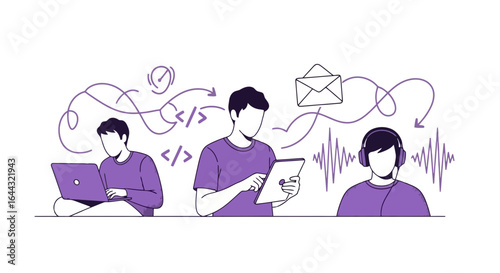 Illustration of a developer working with various digital tools, showcasing coding, communication, and audio tasks for software development and technology fields