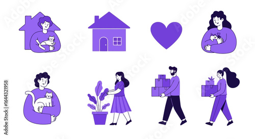Moving and Home Illustration Set Depicting People, Pets, and Household Items for Real Estate, Relocation Services, and Lifestyle Content