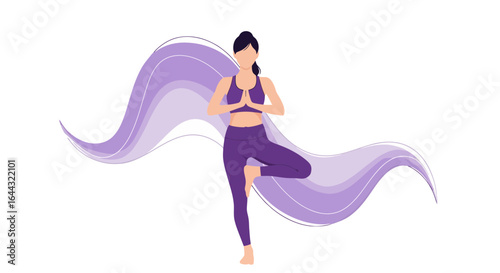 Serene Yoga Practice Illustration Featuring Tree Pose and Flowing Purple Accents, Ideal for Wellness and Mindfulness Content Creation on Digital Platforms.
