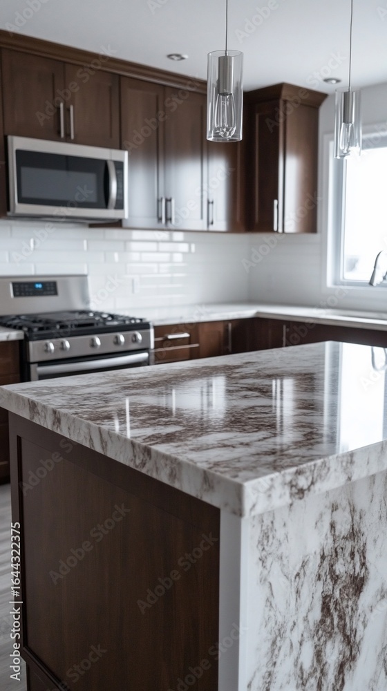 Fototapeta premium Modern kitchen island with polished granite countertop. Dark cabinets and stainless steel appliances. Natural light