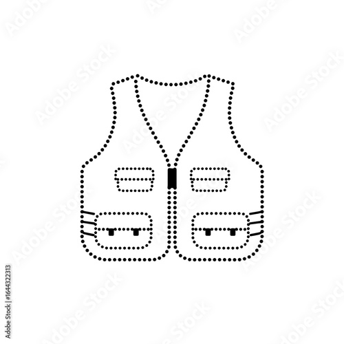 Dotted outline icon of a fishing vest, minimalist design on a transparent background, showcasing pockets and zippers, concept of outdoor gear or fishing supplies