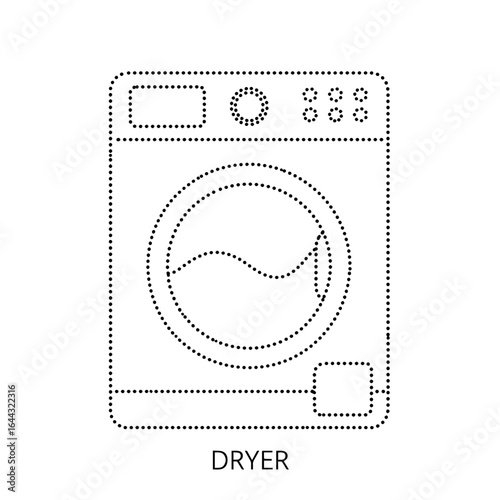 Dotted outline icon of a washing dryer with a circular door and control panel, minimalistic design against a clean white background, home appliance concept of laundry services or appliance stores
