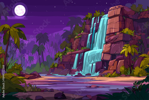 Serene Moonlit Waterfall in a Lush Tropical Setting at Night