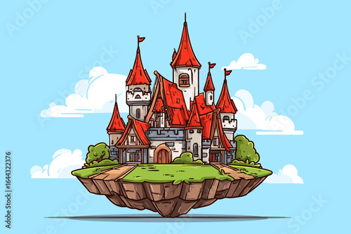 Fantasy Castle on a Floating Island with Colorful Turrets and Blue Sky