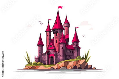 Fantasy Castle on an Island with Colorful Towers and Flags