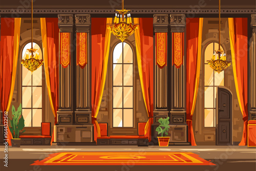 Elegant Interior Design of a Luxurious Room with Red Drapes and Ornate Chandeliers