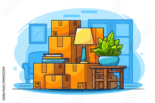 Cozy Living Room Scene with Packed Boxes and Indoor Plant