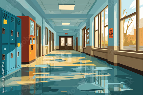 Vibrant School Corridor with Reflections and Water Puddles