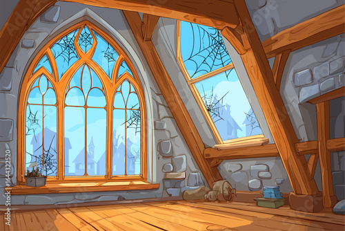 Cozy Attic Interior with Gothic Windows and Cobwebs