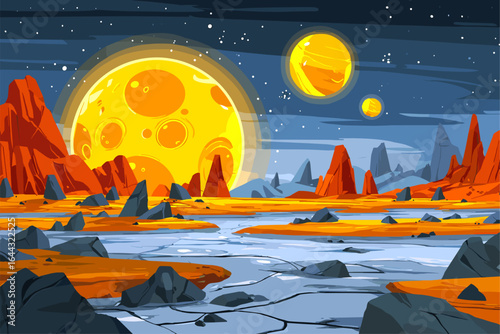 Vibrant Alien Landscape with Moons and Rocky Terrain