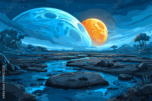 Majestic Alien Landscape with Two Moons and a River at Night