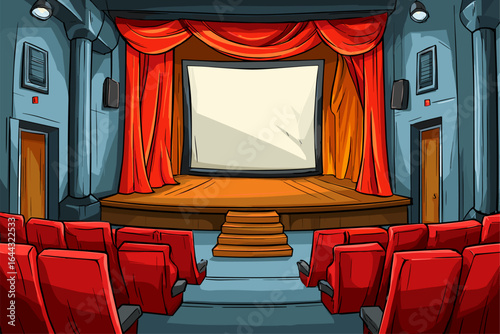 Cozy Theatrical Stage with Red Curtains and Empty Seats