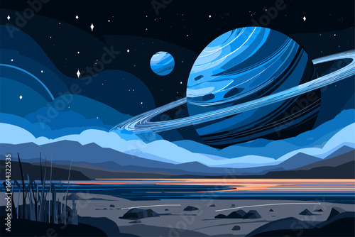 Majestic Cosmic Landscape with Planets and Water Reflections