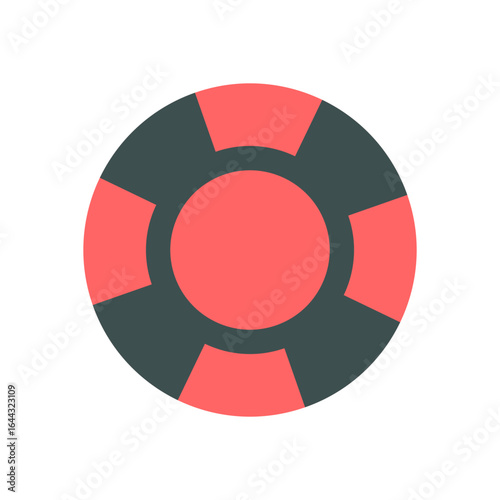 Flat poker casino chip in minimal style. Simple red and black poker game element. Boardgame and table counter for tournament or money games, isolated graphic icon.