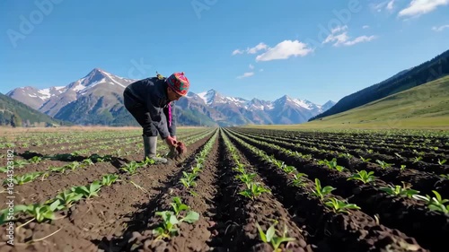 Farmers working in the fields Snow-capped mountains Background Farmers working in the fields