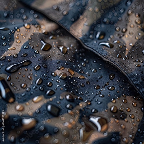 Waterproof camo jacket, water droplets, outdoor gear, closeup