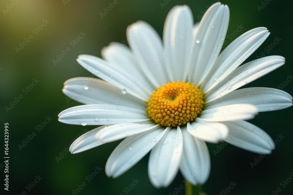 Fototapeta premium Close-up of white daisy with glistening raindrops, wildflower, vibrant