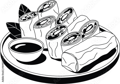 Black and white line art illustration of traditional Asian spring rolls served on a plate with dipping sauce.