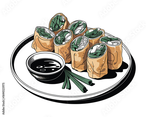 A black and white line art illustration of Asian spring rolls on a round plate with a small bowl of dark dipping sauce.