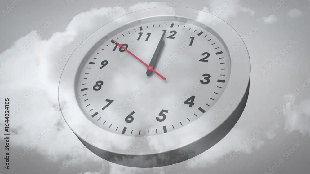 Red second hand starting past nine sweeping anticlockwise across floating clock reversing time