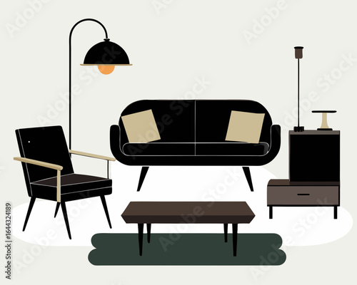 Modern living room furniture arrangement silhouette isolated on white background
