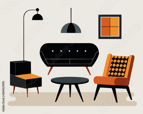 Retro living room furniture arrangement silhouette isolated on white background