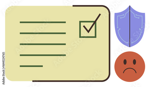Filled checklist with green checkmark, shield, and sad face. Ideal for security, evaluation, rejection, protection, decision-making compliance error tracking. Simple flat metaphor