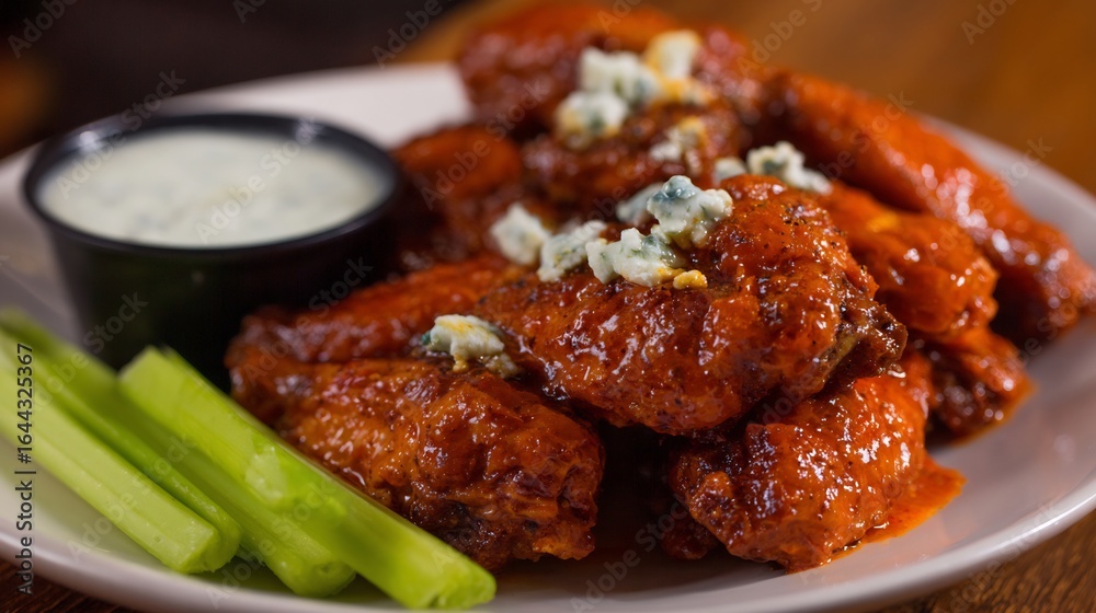 Fototapeta premium American buffalo wings blue cheese dip celery sticks