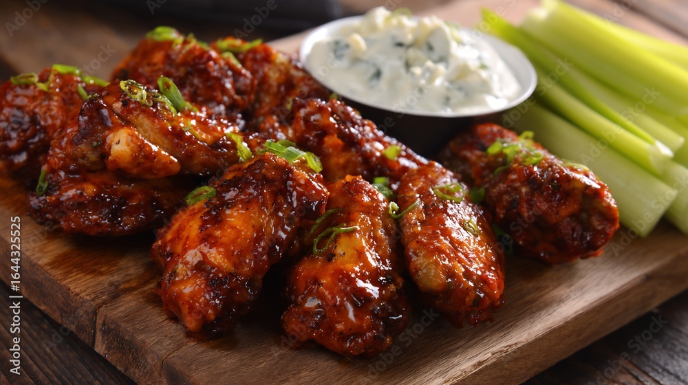 Fototapeta premium American buffalo wings blue cheese dip celery sticks