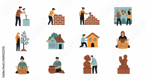 Diverse Craftspeople and Artisans Engaged in Various Creative Activities, Illustrating Skilled Trades and Artistic Pursuits for Educational and Promotional Materials