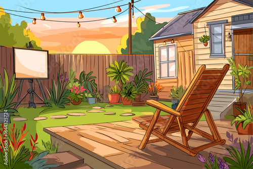 Tranquil Garden Scene at Sunset with Plants and Deck Chair