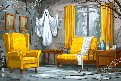 Spooky Haunted Living Room with Ghost and Yellow Furniture