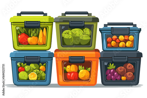 Colorful Storage Containers Filled with Fresh Fruits and Vegetables