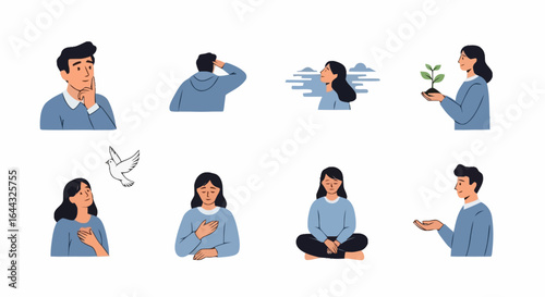 Diverse emotional states and mindfulness practices depicted through minimalist vector illustrations for mental health awareness campaigns and wellness programs.
