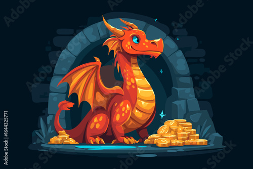 Colorful Cartoon Dragon Guarding Treasure in a Fantasy Cave
