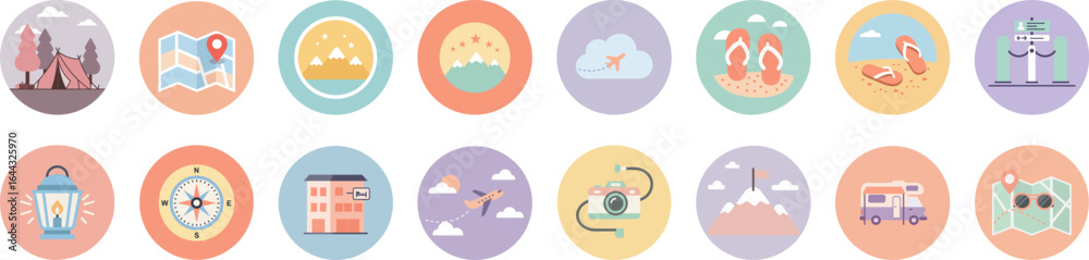 Fototapeta premium Sixteen circular flat pastel travel and adventure icons in a grid