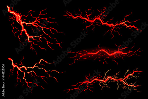 Dynamic Red Lightning Strikes Collection on Black Background