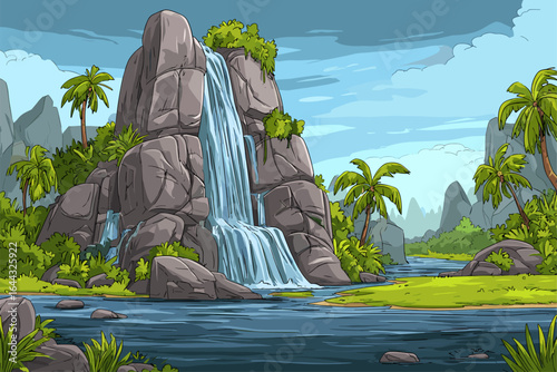 Serene Cartoon Landscape with Waterfall and Lush Tropical Vegetation