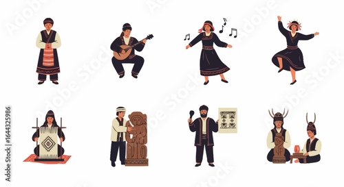 Diverse Collection of People in Traditional Garb Performing Cultural Activities and Musical Arts. Ideal for celebrating global traditions or illustrating cultural diversity.