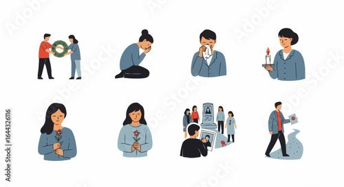 Set of Illustrations Depicting Commemorative Rituals and Expressions of Grief for Bereavement Projects and Cultural Observances
