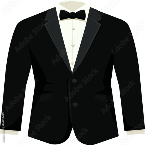 Men's jacket. Wedding men's suit, tuxedo. Black suit, white shirt and black ribbon. Vector illustration.