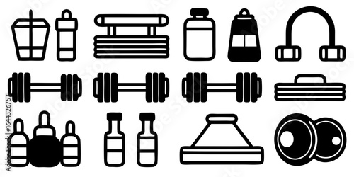 Assortment of fitness and gym equipment icons including dumbbells and bottles