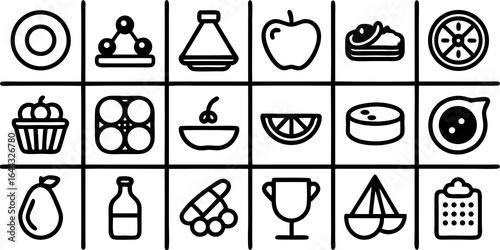 Assortment of food and drink icons and trophy icons in black and white