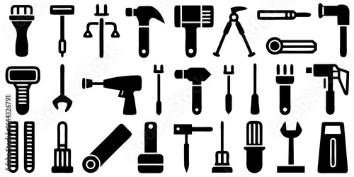 Collection of Black Silhouettes of Various Tools and Hardware wrench hammer