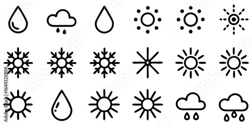 Collection of simple hand drawn weather icons including sun clouds raindrops and snowflakes symbols sunshine